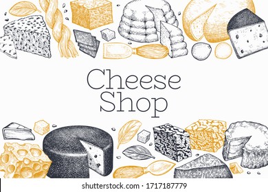 Käsedesign-Vorlage. Handgezeichnete Vektorillustration, Milchgrafik. Graviert Stil verschiedene Käsearten Banner. Vintage-Lebensmittelhintergrund.