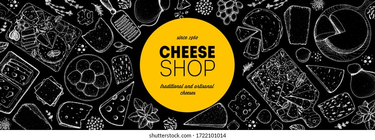 Cheese design template. Hand drawn sketch. Retro food background. Different cheese kinds banner. Dairy farm products cheese.