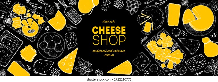 Plantilla de diseño de queso. Dibujo hecho a mano. Fondo de comida retro. Cartel de diferentes tipos de queso. Queso de productos lácteos de granja.