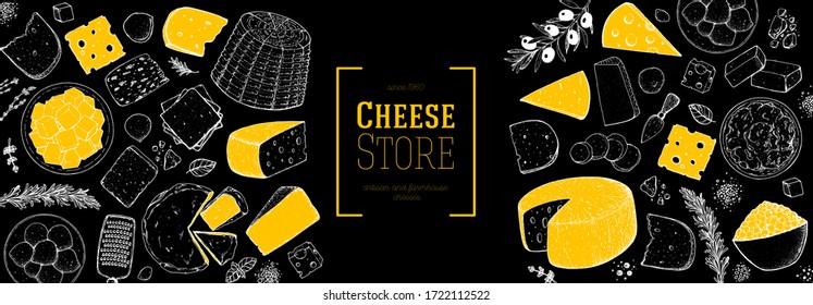 Cheese design template. Hand drawn sketch. Retro food background. Different cheese kinds banner. Dairy farm products cheese.
