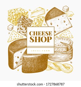 Cheese design template. Hand drawn vector dairy illustration. Engraved style different cheese kinds banner. Retro food background.