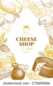 Plantilla de diseño de queso. Ilustración de leche vectorial dibujada a mano. Cartel de diferentes tipos de queso con grabado. Fondo de comida retro.