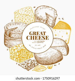 Cheese design template. Hand drawn vector dairy illustration. Engraved style different cheese kinds banner. Retro food background.