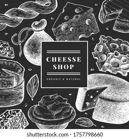 Plantilla de diseño de queso. Ilustración de leche de vectores dibujada a mano en pizarra de tiza. Cartel de diferentes tipos de queso con grabado. Fondo de comida de época.