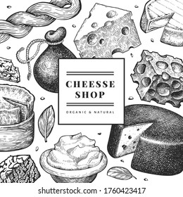 Cheese design template. Hand drawn vector dairy illustration. Engraved style different cheese kinds banner. Retro food background.