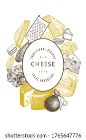 Cheese design template. Hand drawn vector dairy illustration. Engraved style different cheese kinds banner. Retro food background.
