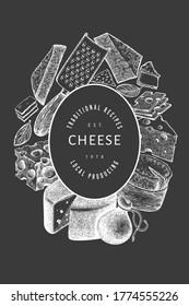 Cheese design template. Hand drawn vector dairy illustration on chalk board. Engraved style different cheese kinds banner. Vintage food background.