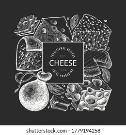 Cheese design template. Hand drawn vector dairy illustration on chalk board. Engraved style different cheese kinds banner. Vintage food background.