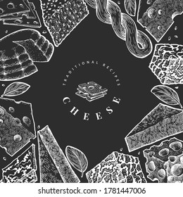 Plantilla de diseño de queso. Ilustración de leche de vectores dibujada a mano en pizarra de tiza. Cartel de diferentes tipos de queso con grabado. Fondo de comida de época.