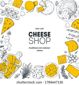 Cheese design template. Hand drawn sketch. Retro food background. Different cheese kinds banner. Dairy farm products cheese.