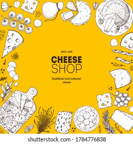 Cheese design template. Hand drawn sketch. Retro food background. Different cheese kinds banner. Dairy farm products cheese.