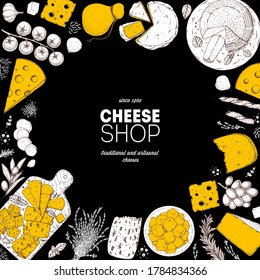 Cheese design template. Hand drawn sketch. Retro food background. Different cheese kinds banner. Dairy farm products cheese.