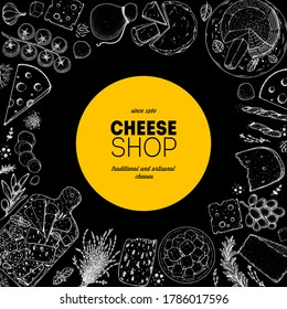 Cheese design template. Hand drawn sketch. Retro food background. Different cheese kinds banner. Dairy farm products cheese.