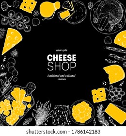 Cheese design template. Hand drawn sketch. Retro food background. Different cheese kinds banner. Dairy farm products cheese.