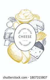 Plantilla de diseño de queso. Ilustración de leche vectorial dibujada a mano. Cartel de diferentes tipos de queso con grabado. Fondo de comida retro.
