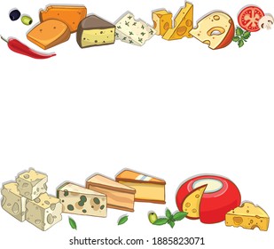 Cheese design template. Hand drawn dairy illustration. different cheese kinds banner. Retro food background. Vector illustration