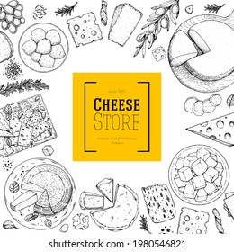 Cheese design template. Hand drawn vector sketch. Retro food background. Different cheese kinds banner. Dairy farm products cheese.