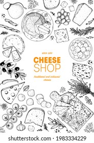 Cheese design template. Hand drawn sketch. Retro food background. Vector illustration. Different cheese kinds banner. Dairy farm products cheese.