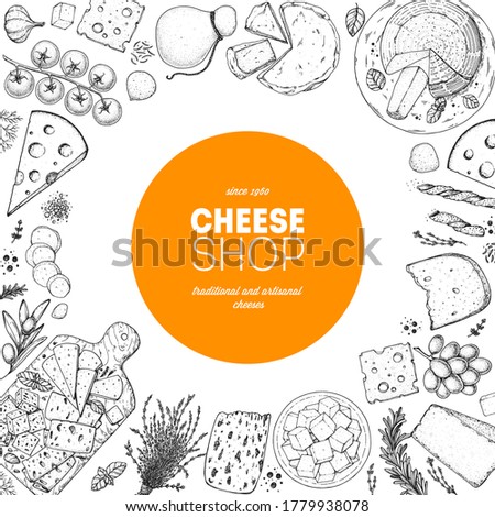 Cheese design template. Hand drawn sketch. Retro food background. Different cheese kinds banner. Dairy farm products cheese.