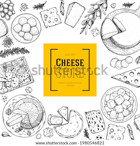 Cheese design template. Hand drawn vector sketch. Retro food background. Different cheese kinds banner. Dairy farm products cheese.