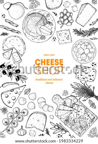 Cheese design template. Hand drawn sketch. Retro food background. Vector illustration. Different cheese kinds banner. Dairy farm products cheese.