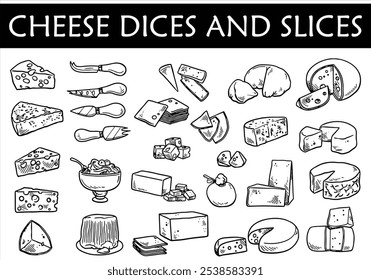 Cheese dices and slices silhouette vector.