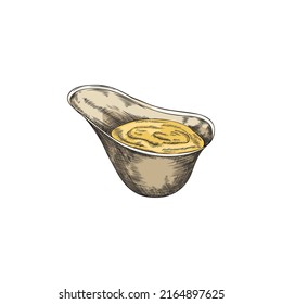 Cheese Dip Or Mustard Sauce In Small Bow, Hand Drawn Sketch Vector Illustration Isolated On White Background. Vintage Style Food Ingredients With Engraving Texture.