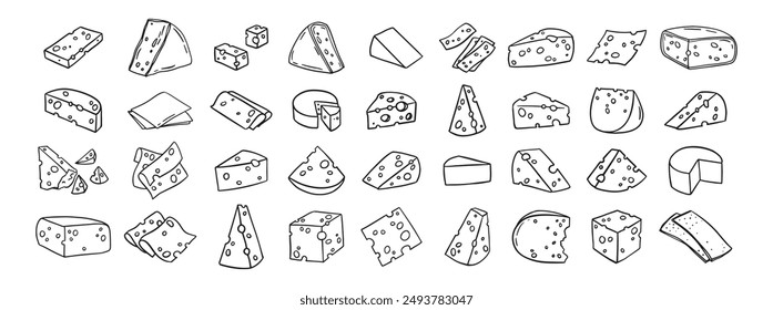 Cheese Doodle hand drawn line icon set. Different piece slice cheese for menu, design restaurant, cafe. Vector illustration