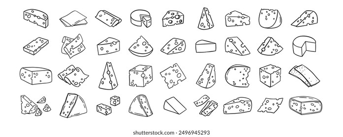 Cheese Doodle hand drawn line icon set. Different piece slice cheese for menu, design restaurant, cafe. Vector illustration