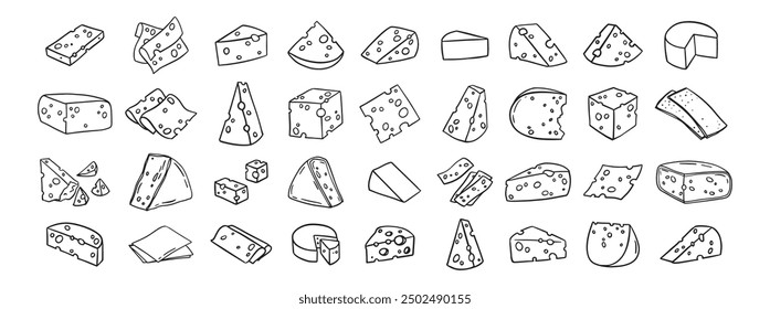 Cheese Doodle hand drawn line icon set. Different piece slice cheese for menu, design restaurant, cafe. Vector illustration