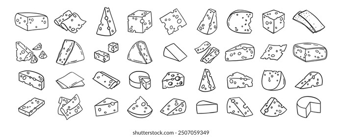 Cheese Doodle hand drawn line icon set. Different piece slice cheese for menu, design restaurant, cafe. Vector illustration