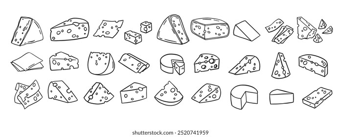 Conjunto de iconos de línea dibujada a mano de Cheese Doodle. Diferente pieza de rebanada de queso para el menú, restaurante de diseño, cafetería. Ilustración vectorial