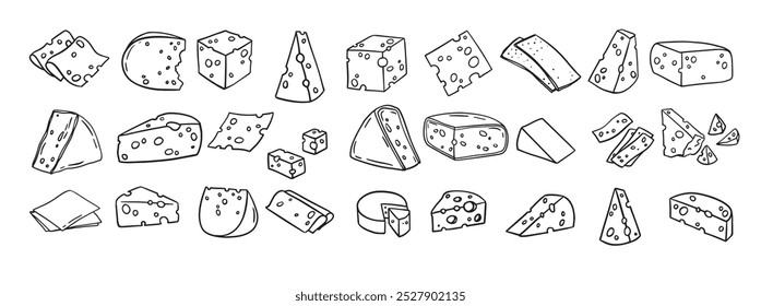 Cheese Doodle hand drawn line icon set. Different piece slice cheese for menu, design restaurant, cafe. Vector illustration