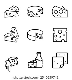 Cheese Doodle hand drawn line icon set. Different piece slice cheese for menu, design restaurant, cafe. Vector illustration	