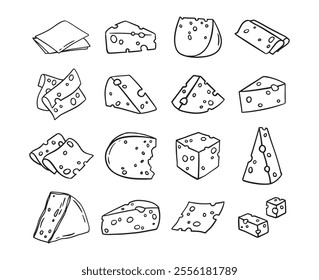 Cheese Doodle hand drawn line icon set. Different piece slice cheese for menu, design restaurant, cafe. Vector illustration