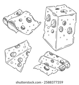 Cheese Doodle hand drawn line icon set. Different piece slice cheese for menu, design restaurant, cafe. Vector illustration