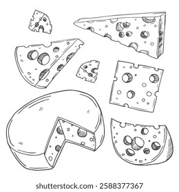 Cheese Doodle hand drawn line icon set. Different piece slice cheese for menu, design restaurant, cafe. Vector illustration