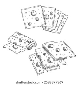 Cheese Doodle hand drawn line icon set. Different piece slice cheese for menu, design restaurant, cafe. Vector illustration