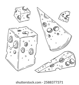 Cheese Doodle hand drawn line icon set. Different piece slice cheese for menu, design restaurant, cafe. Vector illustration
