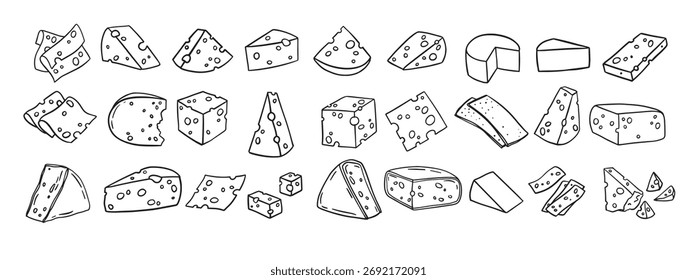 Queijo Doodle mão desenhado linha ícone conjunto. Queijo de fatia de peça diferente para menu, restaurante de design, café. Ilustração vetorial