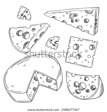Cheese Doodle hand drawn line icon set. Different piece slice cheese for menu, design restaurant, cafe. Vector illustration