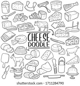 Cheese doodle icon set. Types of cheese and tools. Vector illustration collection. Hand drawn Line art style.