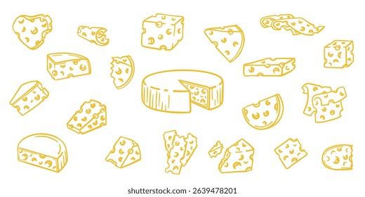 Cheese doodle line icon set. Hand-drawn slices, wedges, blocks. Perfect for restaurant menu, cafe, food design. Vector illustration