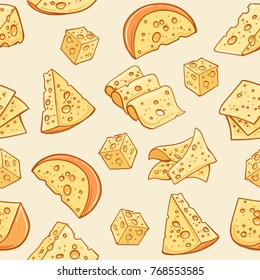 Cheese doodle pattern. Vector supermarket delicatessen eating snack background with pieces of cheese