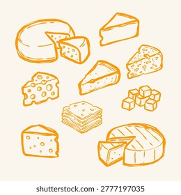 Cheese Doodle Set Icons Collection Various Types Cheddar Brie Camembert Sliced Cubed Hand Drawn Orange Outline Illustration