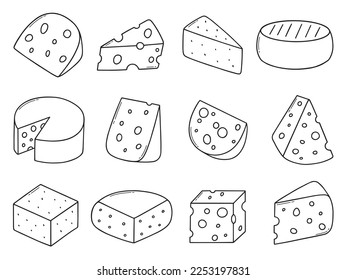 Cheese doodle set. Cheese types in sketch style.  Hand drawn vector illustration isolated on white background.