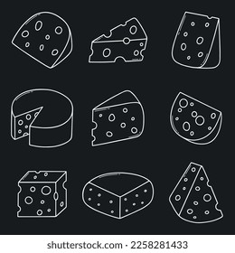 Juego de doodles de queso. Tipos de queso en forma de esbozo.  Ilustración vectorial dibujada a mano aislada en el fondo negro.