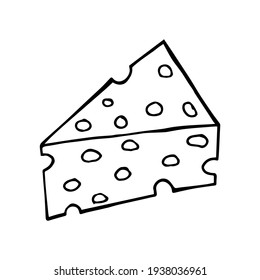 Cheese doodle. Vector cheese with a black line. Simple food and cooking illustration in doodle style on a white isolated background hand drawn. Isolated element for recipe book, market or store