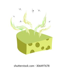 Cheese Dorblu. Piece Of Cheese With A Bad Smell And Flies. Vector Illustration Food Delicacy
