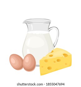 Cheese, eggs and glass jug with milk isolated on a white background. Vector illustration of dairy products in cartoon flat style.